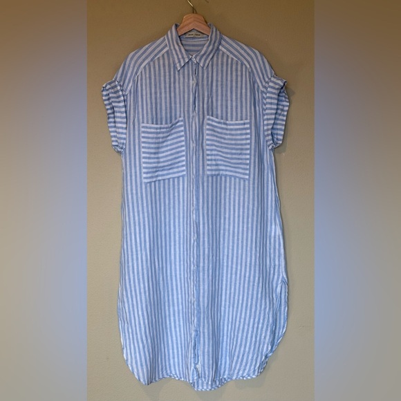 Jazmin Chebar Blue White Linen Button Front T Shirt Dress Size 44 Large - Picture 2 of 6